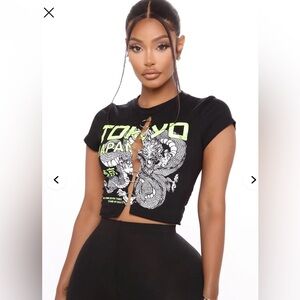 Fashion Nova Black and Green Graphic Crop Top long sleeves